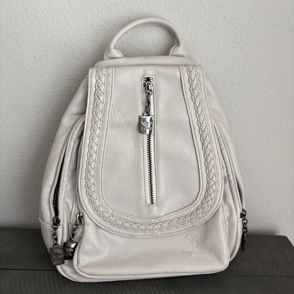 Xiangfei Daishu Cream Ivory Faux Leather Mini Backpack Purse Braided Trim NEW